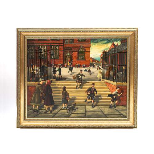 Large Oil on Canvas of a Vintage School Scene by Eric Bellis image-1