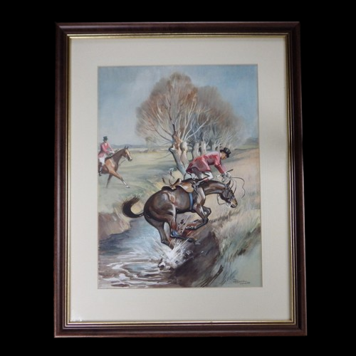 John T Kenney Original 1939 Gouache Painting Hunting Scene image-1