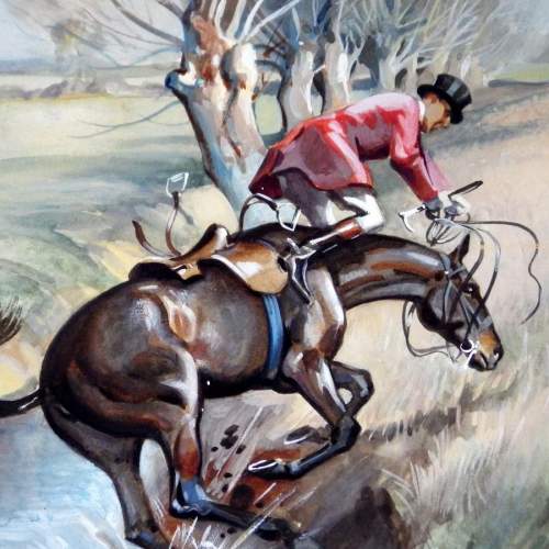 John T Kenney Original 1939 Gouache Painting Hunting Scene image-2