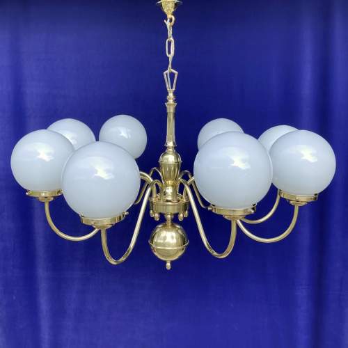 8-Arm Brass Electrolier with Spherical Pearl-Glass Shades image-1