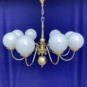 8-Arm Brass Electrolier with Spherical Pearl-Glass Shades