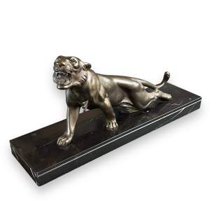 Art Deco Spelter Sculpture of a Tiger on a Black Marble Base