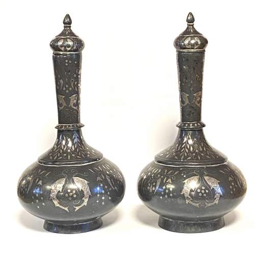 Fine Pair of 19th Century Indian Bidri Ware Bottles image-3