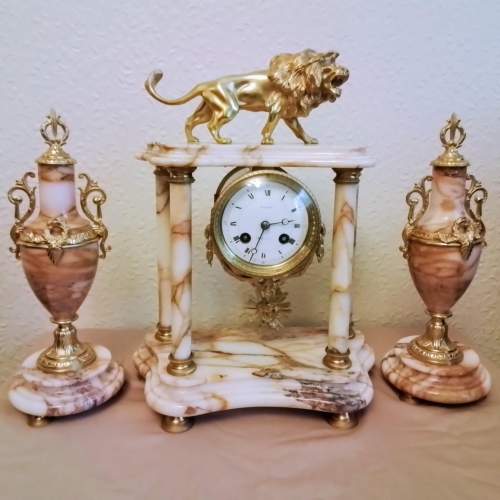 French White Marble and Bronze Three Piece Clock Garniture image-1