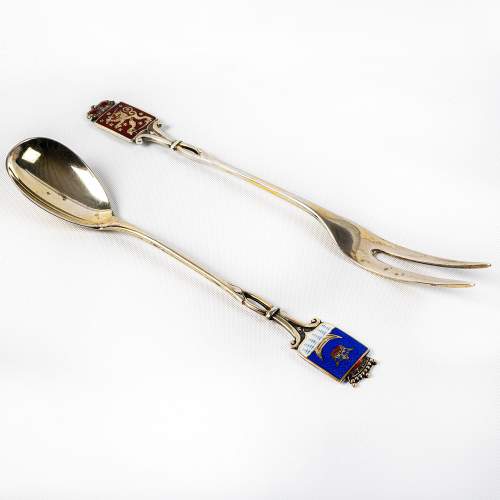 Vintage Finnish Silver and Enamel Cased Spoon and Fork Set image-3