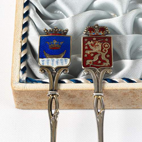 Vintage Finnish Silver and Enamel Cased Spoon and Fork Set image-4