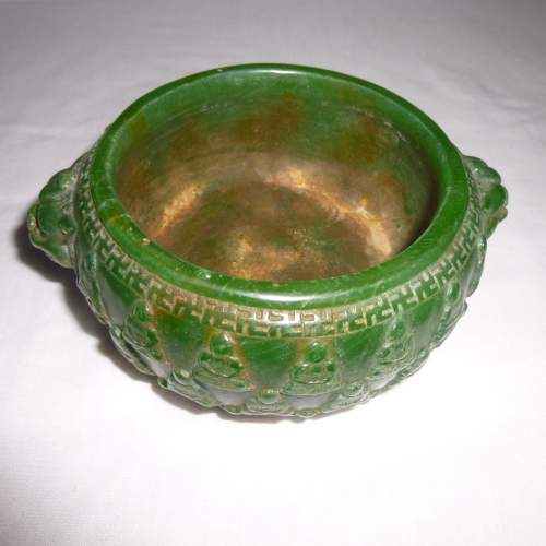 Archaic Green Jade Bowl with Carved Buddha and Temple Lion Handle image-1