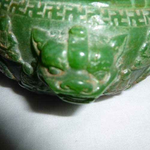 Archaic Green Jade Bowl with Carved Buddha and Temple Lion Handle image-4