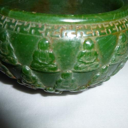 Archaic Green Jade Bowl with Carved Buddha and Temple Lion Handle image-5