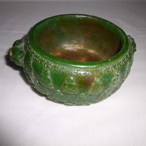 Archaic Green Jade Bowl with Carved Buddha and Temple Lion Handle image-6