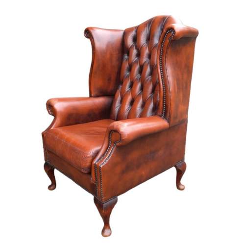 Chesterfield Queen Anne Style Wingback Tanned Leather Armchair image-1