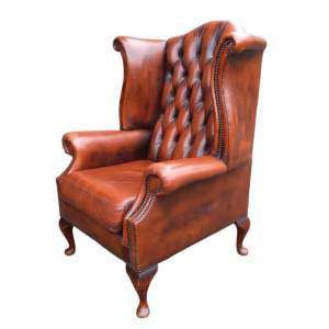 Chesterfield Queen Anne Style Wingback Tanned Leather Armchair