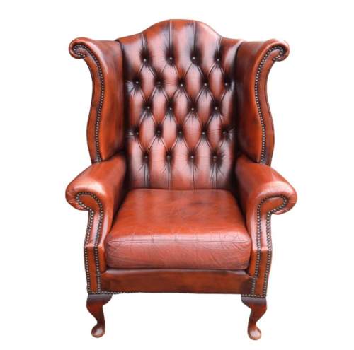 Chesterfield Queen Anne Style Wingback Tanned Leather Armchair image-2