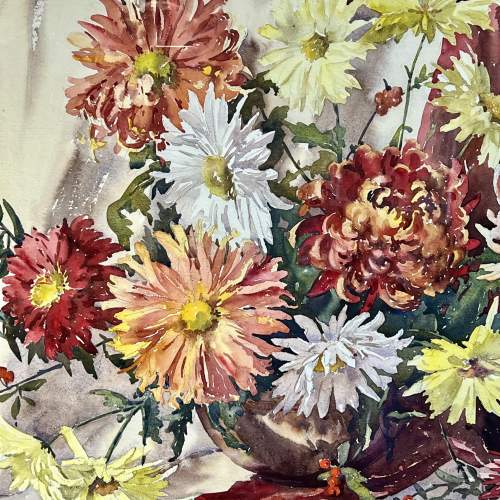 20th Century Signed Watercolour Study of Mixed Chrysanthemums image-2
