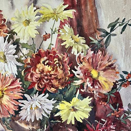 20th Century Signed Watercolour Study of Mixed Chrysanthemums image-3