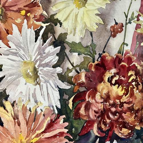 20th Century Signed Watercolour Study of Mixed Chrysanthemums image-4