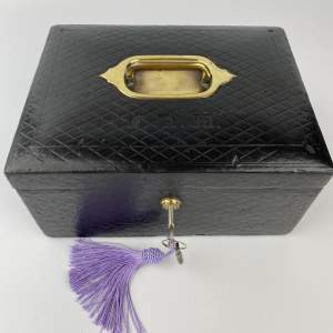 Victorian Black Leather Jewellery Box, Bramah Lock and 2 Keys