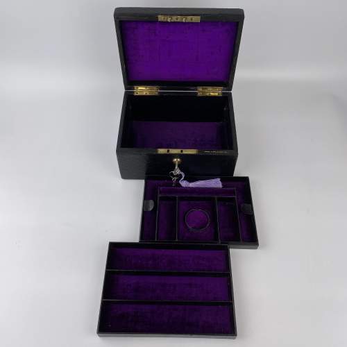 Victorian Black Leather Jewellery Box, Bramah Lock and 2 Keys image-4