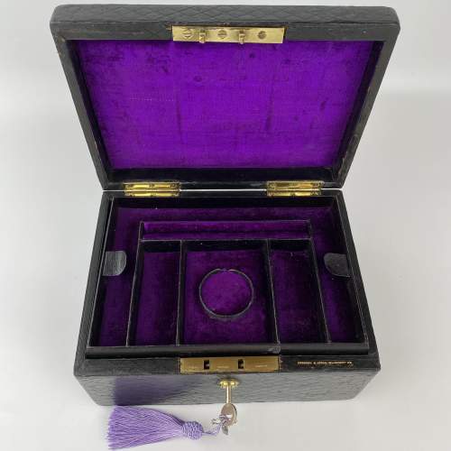 Victorian Black Leather Jewellery Box, Bramah Lock and 2 Keys image-3
