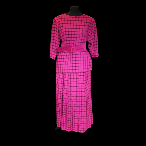 Caroline Charles OBE 1980s Pink Check Silk 2 Piece Outfit + Belt image-1