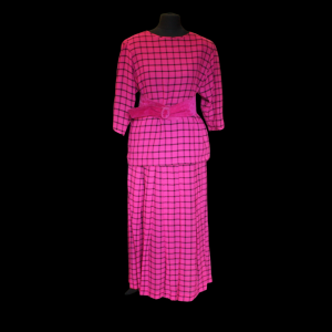 Caroline Charles OBE 1980s Pink Check Silk 2 Piece Outfit + Belt