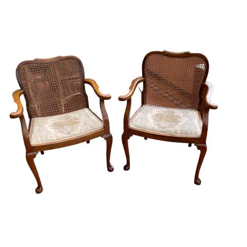 An Attractive Pair Of Early Walnut  Arm Chairs with Caned Backs image-2