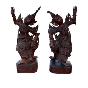 A Pair Of Early 20th Century South East Asian Yaksha Carved Figures