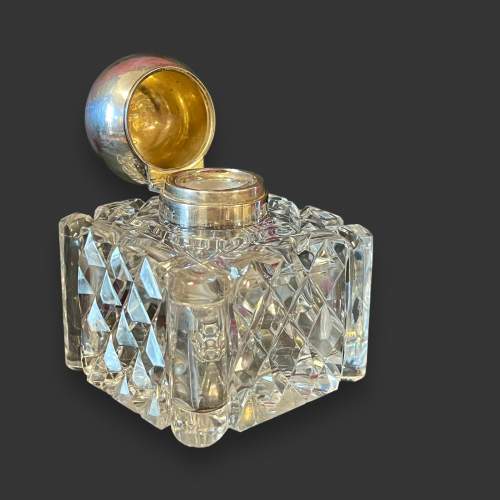 Heavy 19th Century Cut Crystal and Silver Inkwell image-2