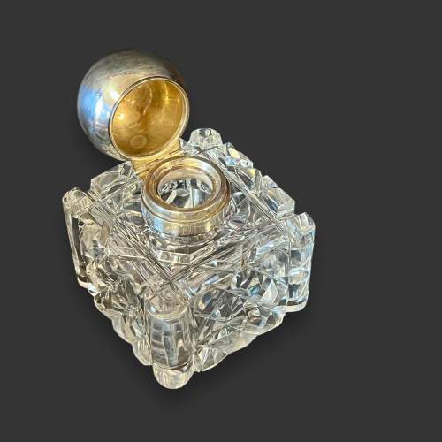 Heavy 19th Century Cut Crystal and Silver Inkwell image-3