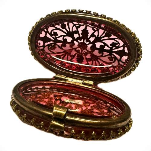Antique Cranberry Glass Gilt Brass Ormolu Filigree Lace Pill Box image-5