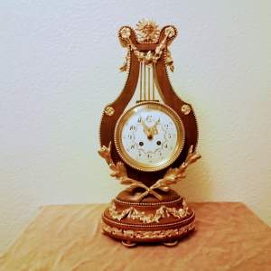 French Walnut Lyre Clock by A D Mougin