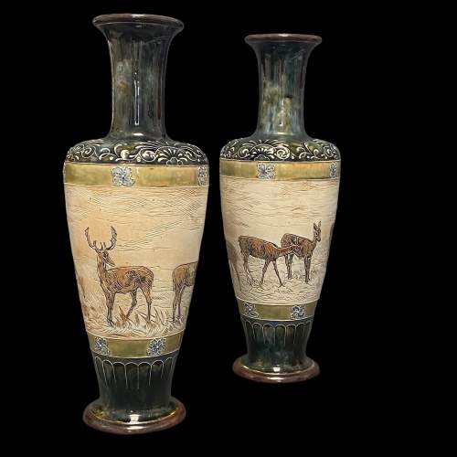 Hannah Barlow Pair of Doulton Lambeth Sgraffito Deer Design Vases image-1