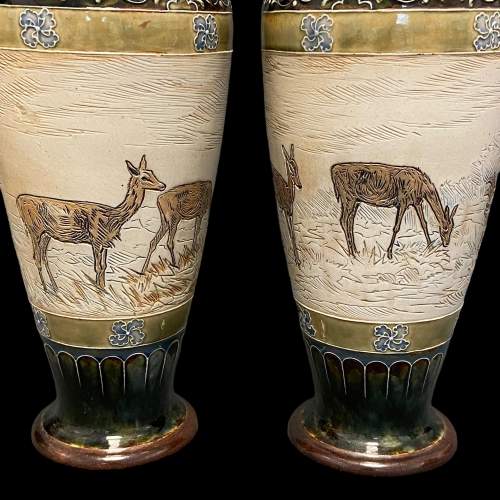 Hannah Barlow Pair of Doulton Lambeth Sgraffito Deer Design Vases image-3