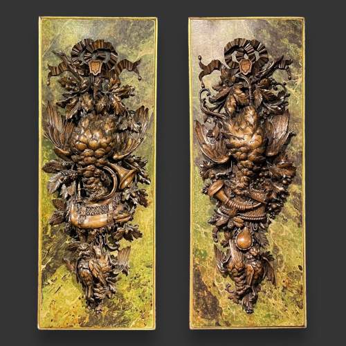 Rare Pair of Carved Black Forest Wall Plaques image-1