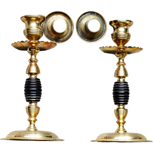 Pair of Brass and wood Candlesticks image-2