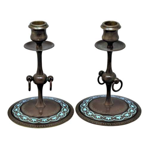 19th Century Pair of French Bronze and Enamel Candlesticks image-1