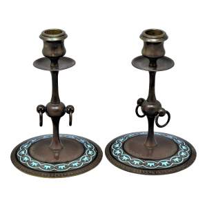 19th Century Pair of French Bronze and Enamel Candlesticks