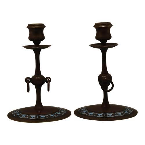 19th Century Pair of French Bronze and Enamel Candlesticks image-2