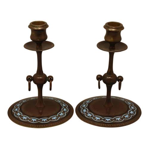19th Century Pair of French Bronze and Enamel Candlesticks image-3