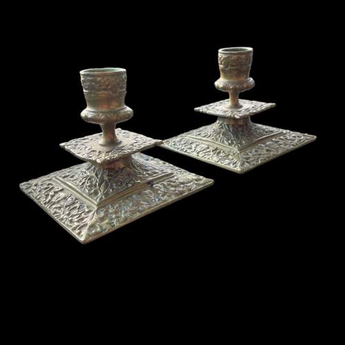 A Pair of 19th Century Brass Low Candlesticks image-1