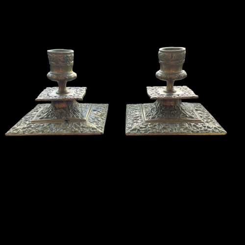 A Pair of 19th Century Brass Low Candlesticks image-2