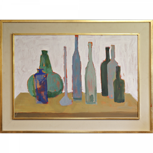 Peter Collins Oil on Board - Vessels with Blue Bottle
