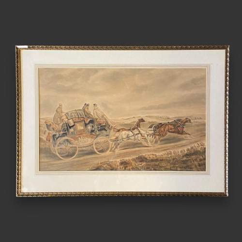Original Antique Watercolour Painting of a Stage Coach image-1
