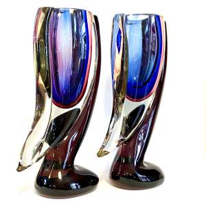 Murano Sommerso Pair of Unusual Shaped Glass Vases
