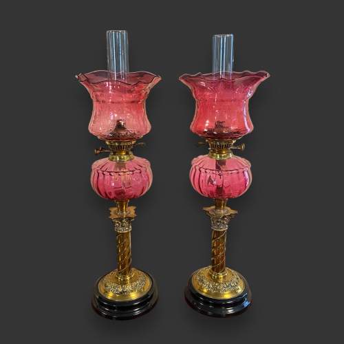 Superb Pair of Victorian Brass and Cranberry Glass Oil Lamps image-1