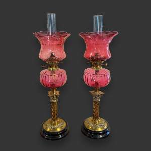 Superb Pair of Victorian Brass and Cranberry Glass Oil Lamps
