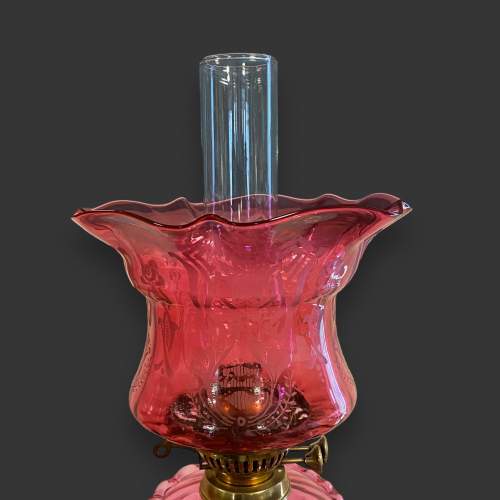 Superb Pair of Victorian Brass and Cranberry Glass Oil Lamps image-2