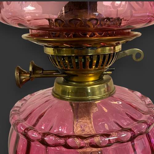Superb Pair of Victorian Brass and Cranberry Glass Oil Lamps image-5