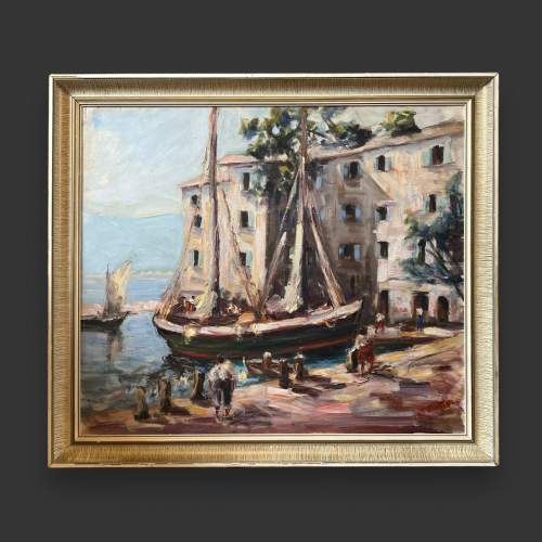 Mid 20th Century Harbour Scene Oil on Board Painting image-1