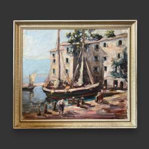 Mid 20th Century Harbour Scene Oil on Board Painting